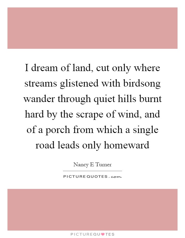 I dream of land, cut only where streams glistened with birdsong wander through quiet hills burnt hard by the scrape of wind, and of a porch from which a single road leads only homeward Picture Quote #1
