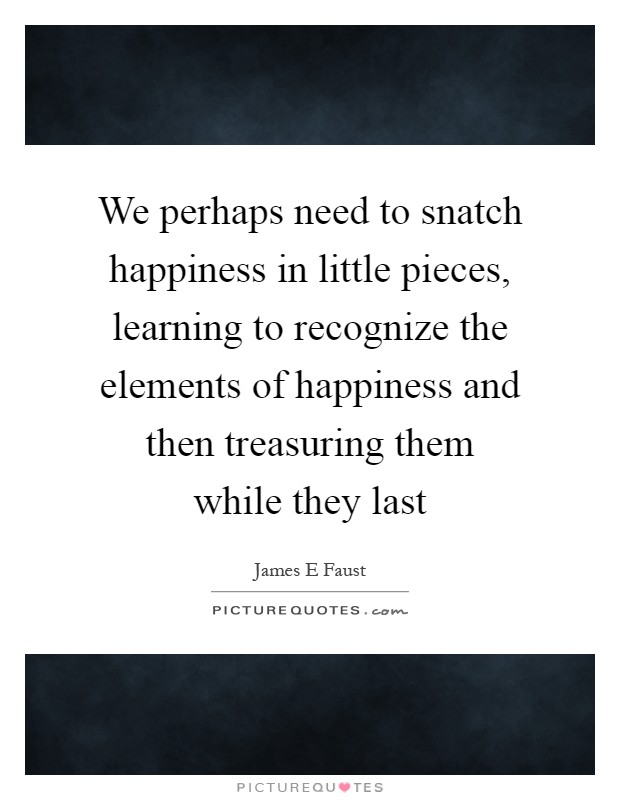 We perhaps need to snatch happiness in little pieces, learning to recognize the elements of happiness and then treasuring them while they last Picture Quote #1