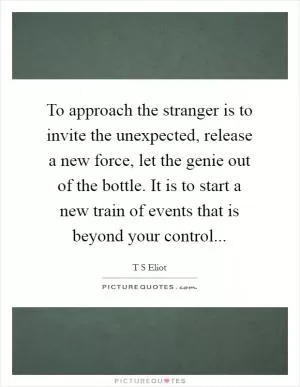 To approach the stranger is to invite the unexpected, release a new force, let the genie out of the bottle. It is to start a new train of events that is beyond your control Picture Quote #1