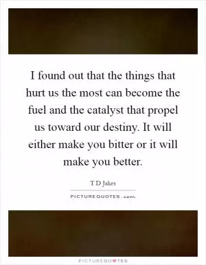 I found out that the things that hurt us the most can become the fuel and the catalyst that propel us toward our destiny. It will either make you bitter or it will make you better Picture Quote #1