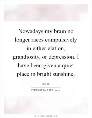Nowadays my brain no longer races compulsively in either elation, grandiosity, or depression. I have been given a quiet place in bright sunshine Picture Quote #1