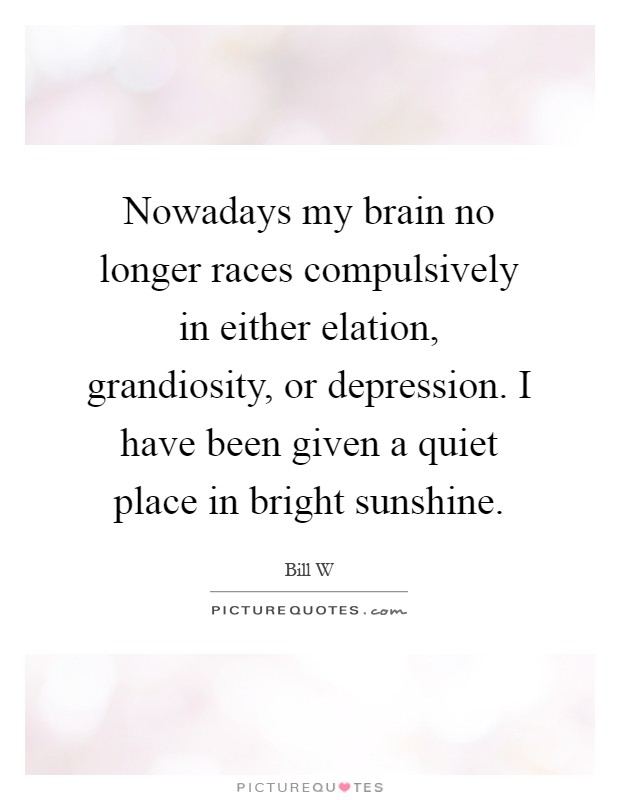 Nowadays my brain no longer races compulsively in either elation, grandiosity, or depression. I have been given a quiet place in bright sunshine Picture Quote #1