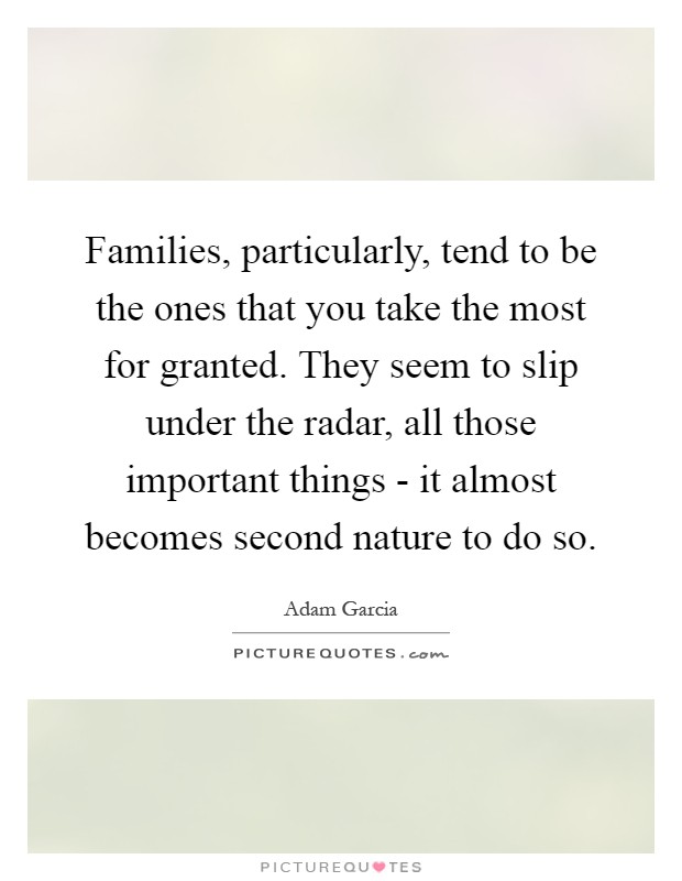 Families, particularly, tend to be the ones that you take the most for granted. They seem to slip under the radar, all those important things - it almost becomes second nature to do so Picture Quote #1