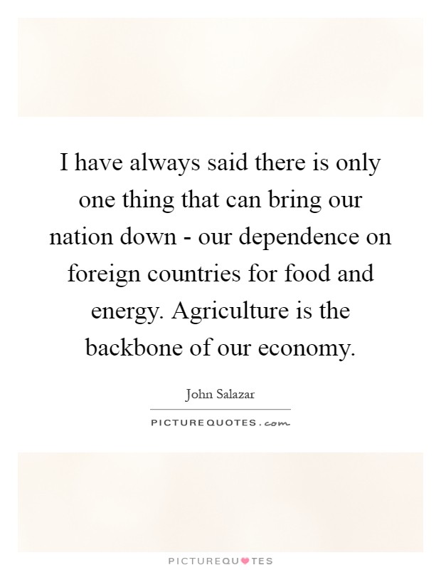 I have always said there is only one thing that can bring our nation down - our dependence on foreign countries for food and energy. Agriculture is the backbone of our economy Picture Quote #1