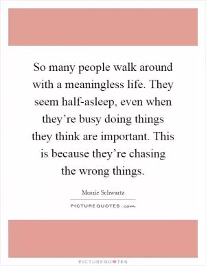 So many people walk around with a meaningless life. They seem half-asleep, even when they’re busy doing things they think are important. This is because they’re chasing the wrong things Picture Quote #1
