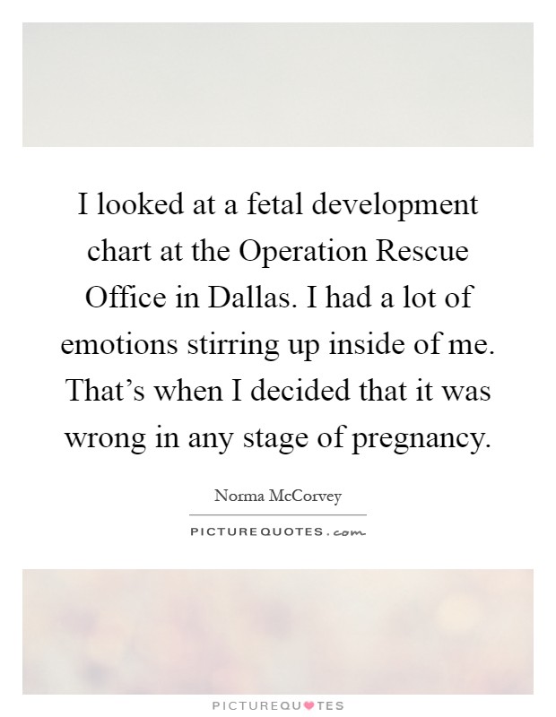 I looked at a fetal development chart at the Operation Rescue Office in Dallas. I had a lot of emotions stirring up inside of me. That's when I decided that it was wrong in any stage of pregnancy Picture Quote #1