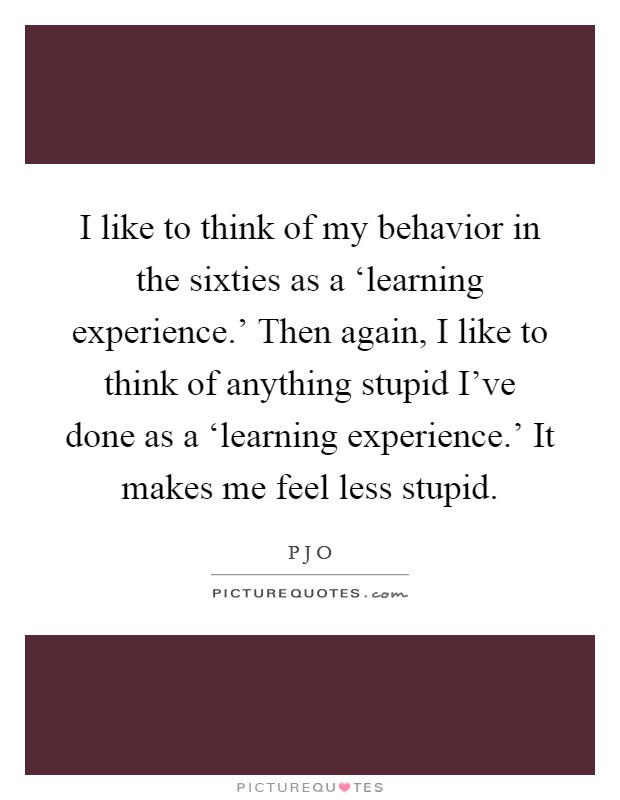 I like to think of my behavior in the sixties as a ‘learning experience.' Then again, I like to think of anything stupid I've done as a ‘learning experience.' It makes me feel less stupid Picture Quote #1