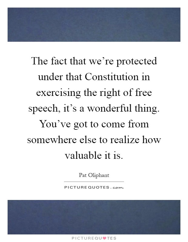 The fact that we're protected under that Constitution in exercising the right of free speech, it's a wonderful thing. You've got to come from somewhere else to realize how valuable it is Picture Quote #1