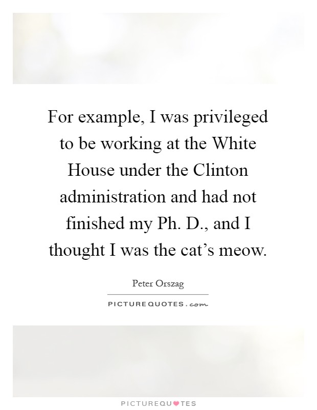 For example, I was privileged to be working at the White House under the Clinton administration and had not finished my Ph. D., and I thought I was the cat's meow Picture Quote #1