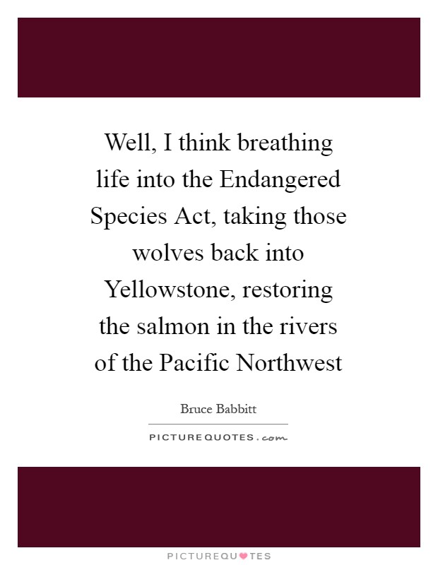 Well, I think breathing life into the Endangered Species Act, taking those wolves back into Yellowstone, restoring the salmon in the rivers of the Pacific Northwest Picture Quote #1