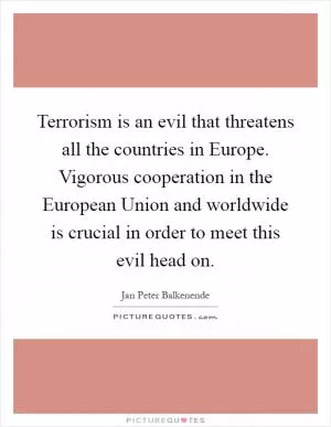 Terrorism is an evil that threatens all the countries in Europe. Vigorous cooperation in the European Union and worldwide is crucial in order to meet this evil head on Picture Quote #1
