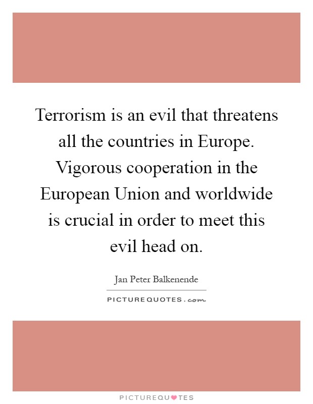 Terrorism is an evil that threatens all the countries in Europe. Vigorous cooperation in the European Union and worldwide is crucial in order to meet this evil head on Picture Quote #1