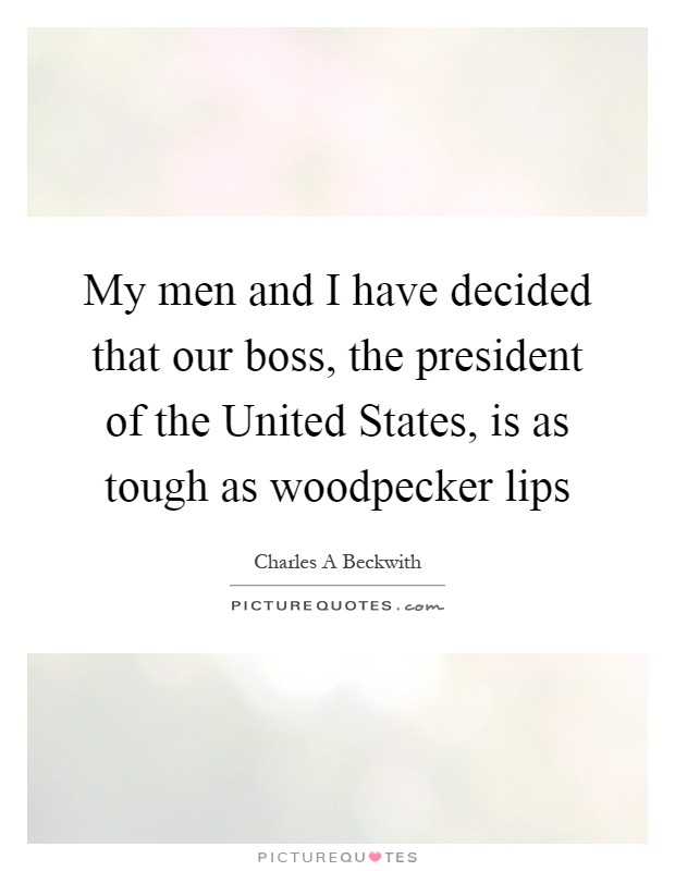 My men and I have decided that our boss, the president of the United States, is as tough as woodpecker lips Picture Quote #1