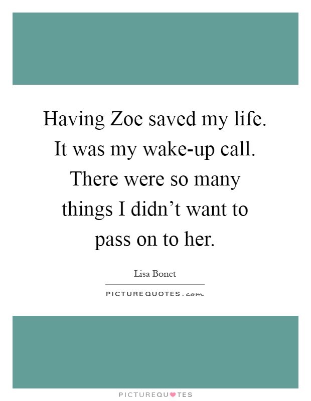 Having Zoe saved my life. It was my wake-up call. There were so many things I didn't want to pass on to her Picture Quote #1