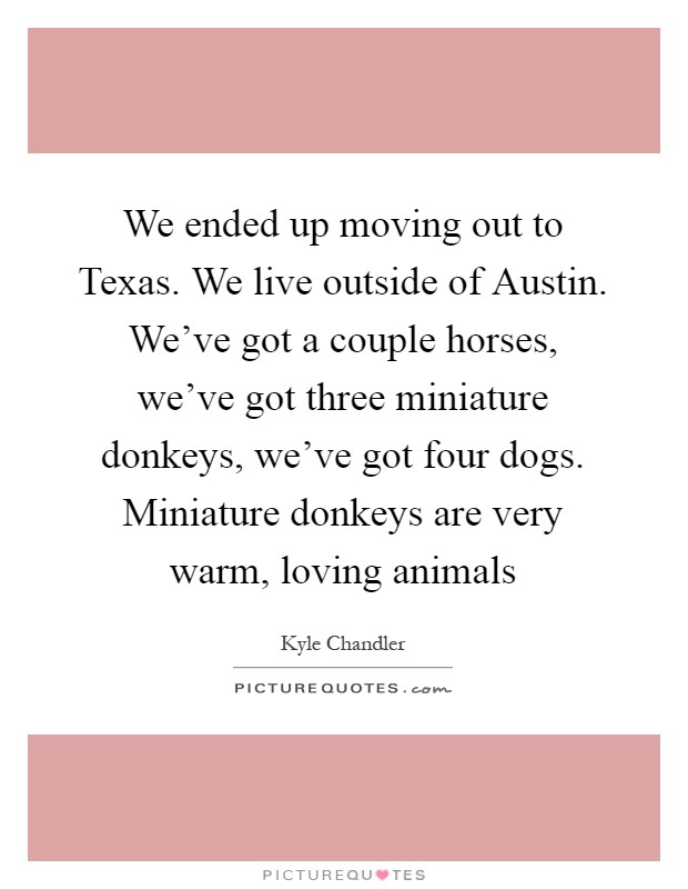 We ended up moving out to Texas. We live outside of Austin. We've got a couple horses, we've got three miniature donkeys, we've got four dogs. Miniature donkeys are very warm, loving animals Picture Quote #1