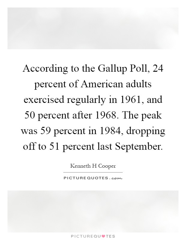 According to the Gallup Poll, 24 percent of American adults exercised regularly in 1961, and 50 percent after 1968. The peak was 59 percent in 1984, dropping off to 51 percent last September Picture Quote #1
