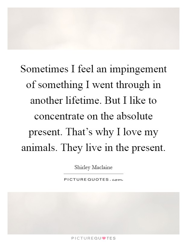 Sometimes I feel an impingement of something I went through in another lifetime. But I like to concentrate on the absolute present. That's why I love my animals. They live in the present Picture Quote #1