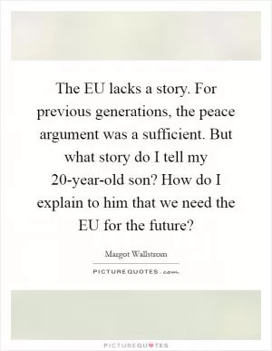 The EU lacks a story. For previous generations, the peace argument was a sufficient. But what story do I tell my 20-year-old son? How do I explain to him that we need the EU for the future? Picture Quote #1