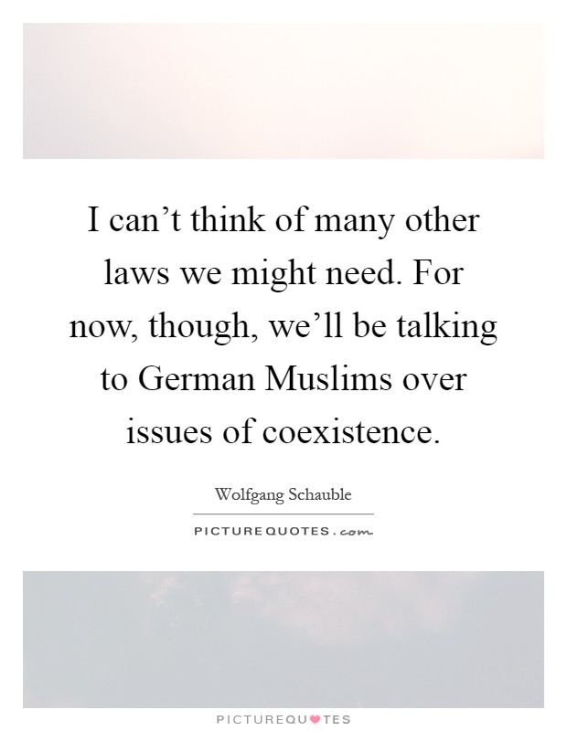 I can't think of many other laws we might need. For now, though, we'll be talking to German Muslims over issues of coexistence Picture Quote #1