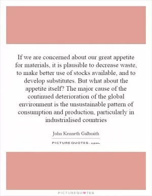 If we are concerned about our great appetite for materials, it is plausible to decrease waste, to make better use of stocks available, and to develop substitutes. But what about the appetite itself? The major cause of the continued deterioration of the global environment is the unsustainable pattern of consumption and production, particularly in industrialised countries Picture Quote #1