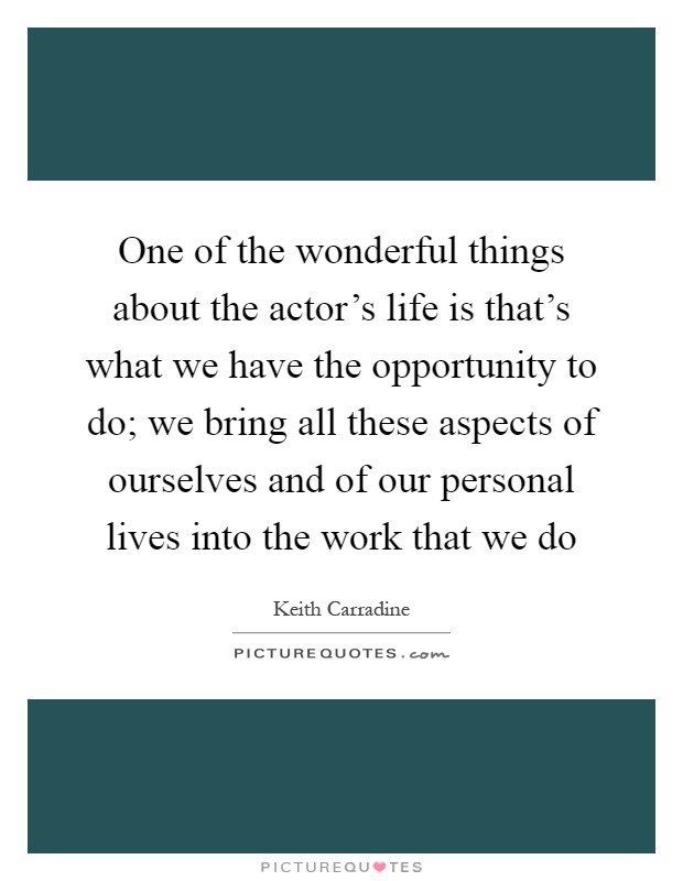 One of the wonderful things about the actor's life is that's what we have the opportunity to do; we bring all these aspects of ourselves and of our personal lives into the work that we do Picture Quote #1