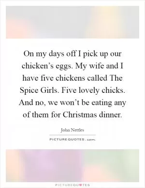 On my days off I pick up our chicken’s eggs. My wife and I have five chickens called The Spice Girls. Five lovely chicks. And no, we won’t be eating any of them for Christmas dinner Picture Quote #1