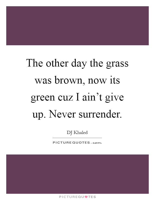 The other day the grass was brown, now its green cuz I ain't give up. Never surrender Picture Quote #1