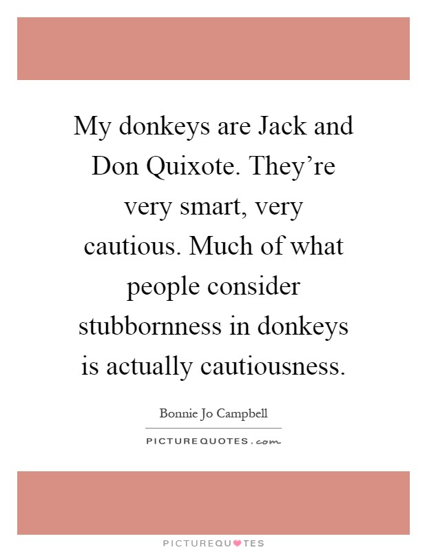 My donkeys are Jack and Don Quixote. They're very smart, very cautious. Much of what people consider stubbornness in donkeys is actually cautiousness Picture Quote #1