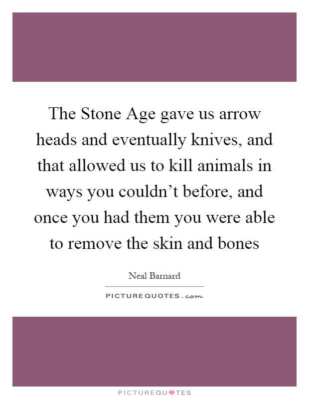 The Stone Age gave us arrow heads and eventually knives, and that allowed us to kill animals in ways you couldn't before, and once you had them you were able to remove the skin and bones Picture Quote #1
