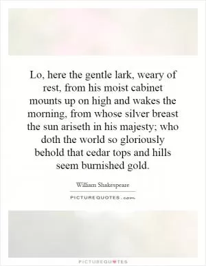 Lo, here the gentle lark, weary of rest, from his moist cabinet mounts up on high and wakes the morning, from whose silver breast the sun ariseth in his majesty; who doth the world so gloriously behold that cedar tops and hills seem burnished gold Picture Quote #1