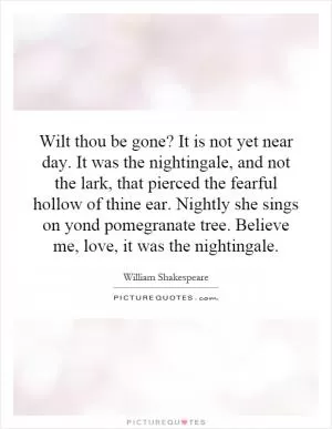 Wilt thou be gone? It is not yet near day. It was the nightingale, and not the lark, that pierced the fearful hollow of thine ear. Nightly she sings on yond pomegranate tree. Believe me, love, it was the nightingale Picture Quote #1