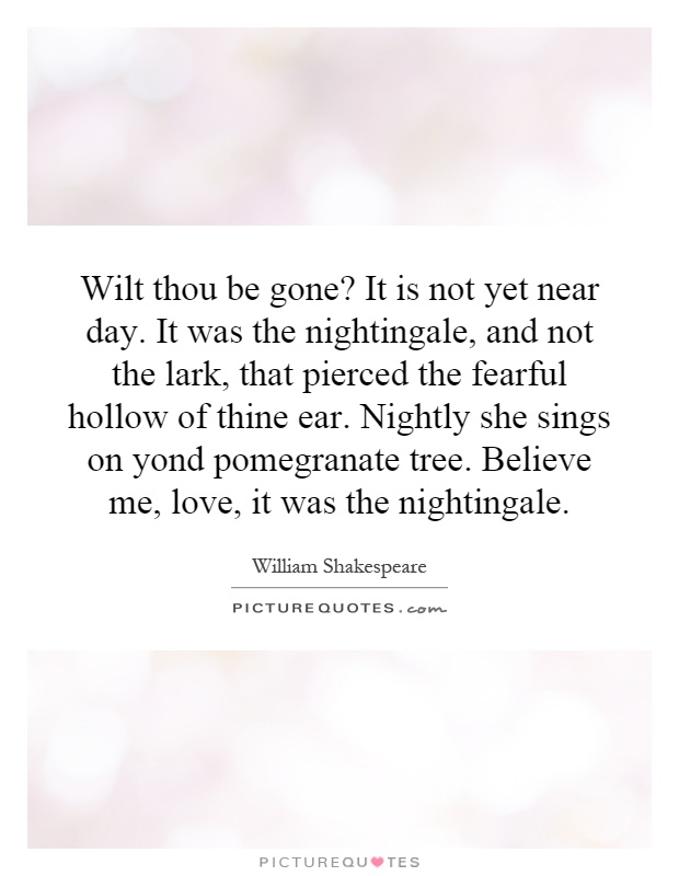 Wilt thou be gone? It is not yet near day. It was the nightingale, and not the lark, that pierced the fearful hollow of thine ear. Nightly she sings on yond pomegranate tree. Believe me, love, it was the nightingale Picture Quote #1