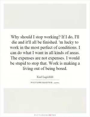 Why should I stop working? If I do, I'll die and it'll all be finished. 'm lucky to work in the most perfect of conditions. I can do what I want in all kinds of areas. The expenses are not expenses. I would be stupid to stop that. Work is making a living out of being bored Picture Quote #1