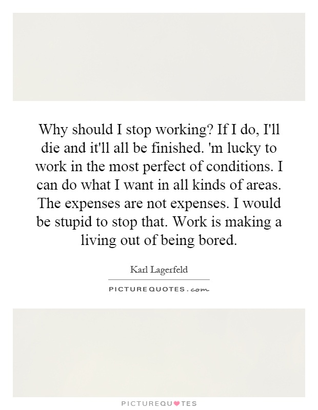 Why should I stop working? If I do, I'll die and it'll all be finished. 'm lucky to work in the most perfect of conditions. I can do what I want in all kinds of areas. The expenses are not expenses. I would be stupid to stop that. Work is making a living out of being bored Picture Quote #1