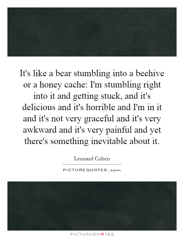 It's like a bear stumbling into a beehive or a honey cache: I'm stumbling right into it and getting stuck, and it's delicious and it's horrible and I'm in it and it's not very graceful and it's very awkward and it's very painful and yet there's something inevitable about it Picture Quote #1