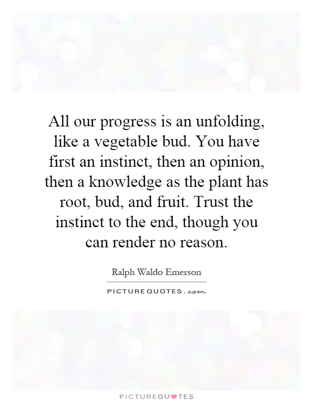 All our progress is an unfolding, like a vegetable bud. You have first an instinct, then an opinion, then a knowledge as the plant has root, bud, and fruit. Trust the instinct to the end, though you can render no reason Picture Quote #1