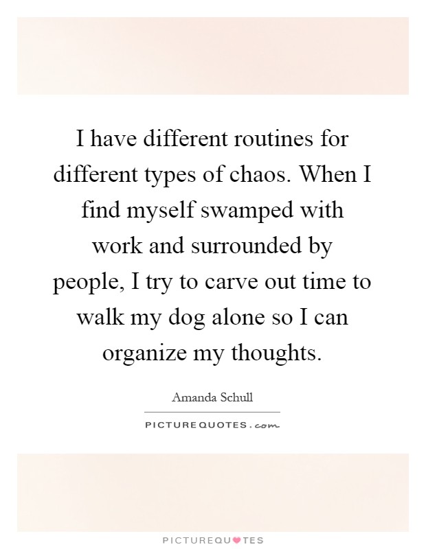I have different routines for different types of chaos. When I find myself swamped with work and surrounded by people, I try to carve out time to walk my dog alone so I can organize my thoughts Picture Quote #1