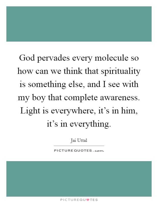God pervades every molecule so how can we think that spirituality is something else, and I see with my boy that complete awareness. Light is everywhere, it's in him, it's in everything Picture Quote #1
