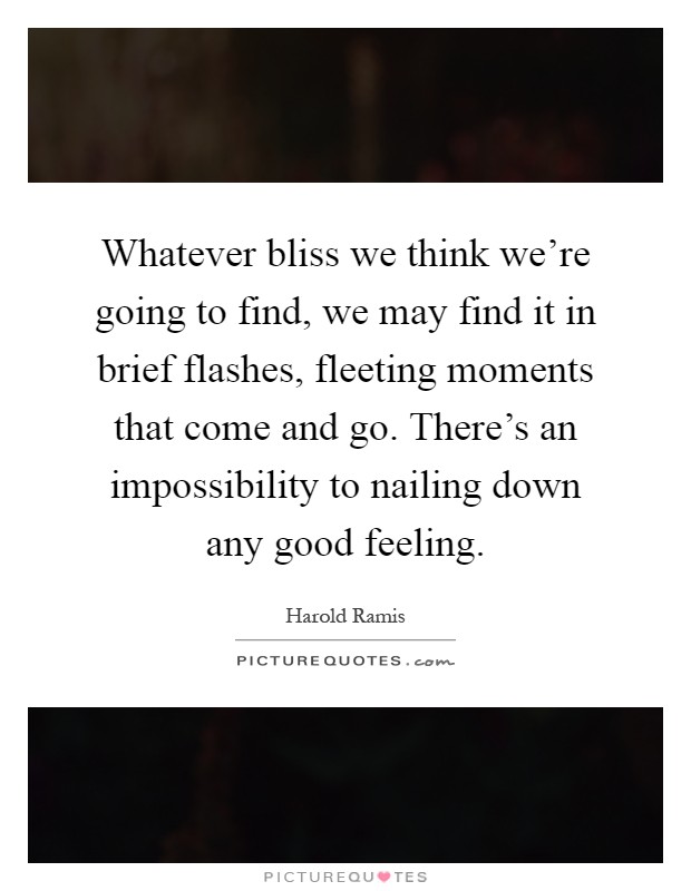Whatever bliss we think we're going to find, we may find it in brief flashes, fleeting moments that come and go. There's an impossibility to nailing down any good feeling Picture Quote #1