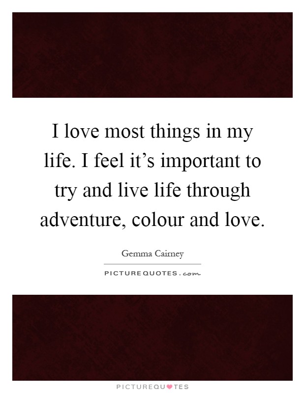 I love most things in my life. I feel it's important to try and live life through adventure, colour and love Picture Quote #1