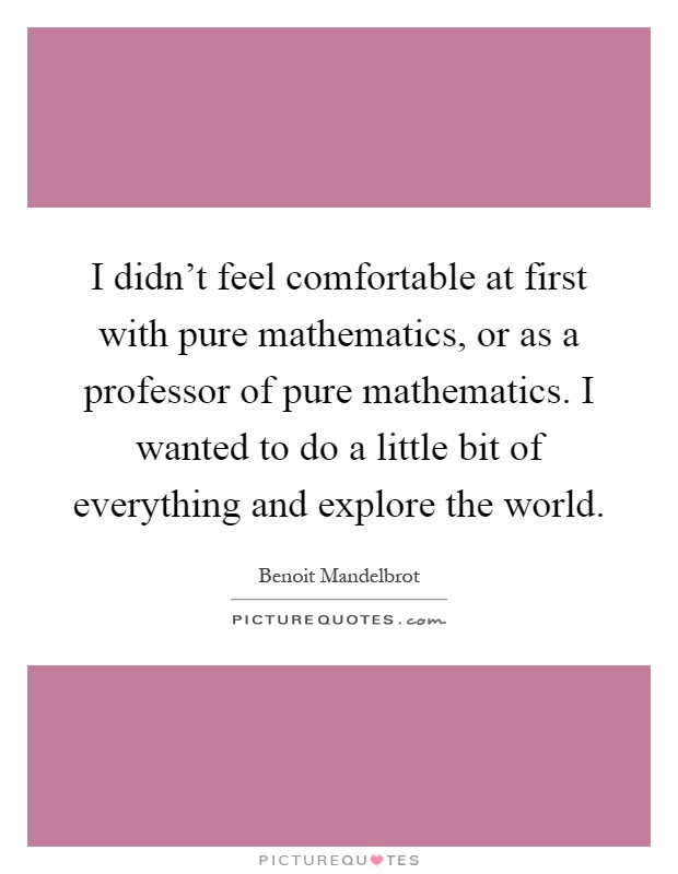 I didn't feel comfortable at first with pure mathematics, or as a professor of pure mathematics. I wanted to do a little bit of everything and explore the world Picture Quote #1