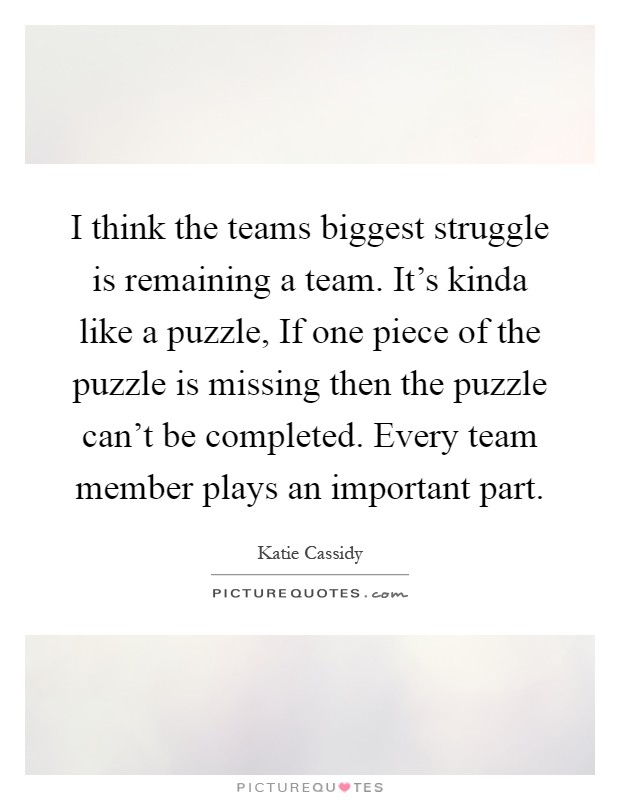 I think the teams biggest struggle is remaining a team. It's kinda like a puzzle, If one piece of the puzzle is missing then the puzzle can't be completed. Every team member plays an important part Picture Quote #1