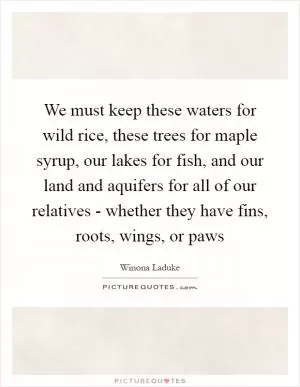 We must keep these waters for wild rice, these trees for maple syrup, our lakes for fish, and our land and aquifers for all of our relatives - whether they have fins, roots, wings, or paws Picture Quote #1