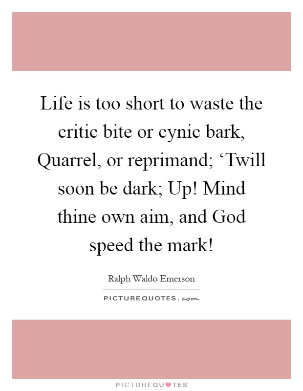 Life is too short to waste the critic bite or cynic bark, Quarrel, or reprimand; ‘Twill soon be dark; Up! Mind thine own aim, and God speed the mark! Picture Quote #1
