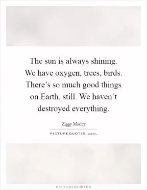 The sun is always shining. We have oxygen, trees, birds. There’s so much good things on Earth, still. We haven’t destroyed everything Picture Quote #1
