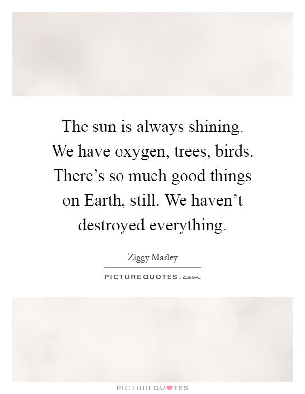 The sun is always shining. We have oxygen, trees, birds. There's so much good things on Earth, still. We haven't destroyed everything Picture Quote #1