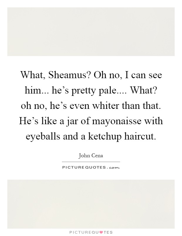 What, Sheamus? Oh no, I can see him... he's pretty pale.... What? oh no, he's even whiter than that. He's like a jar of mayonaisse with eyeballs and a ketchup haircut Picture Quote #1