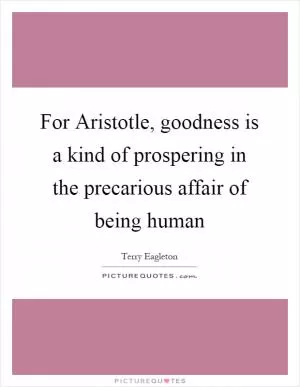 For Aristotle, goodness is a kind of prospering in the precarious affair of being human Picture Quote #1