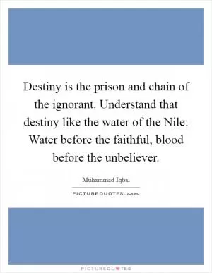 Destiny is the prison and chain of the ignorant. Understand that destiny like the water of the Nile: Water before the faithful, blood before the unbeliever Picture Quote #1