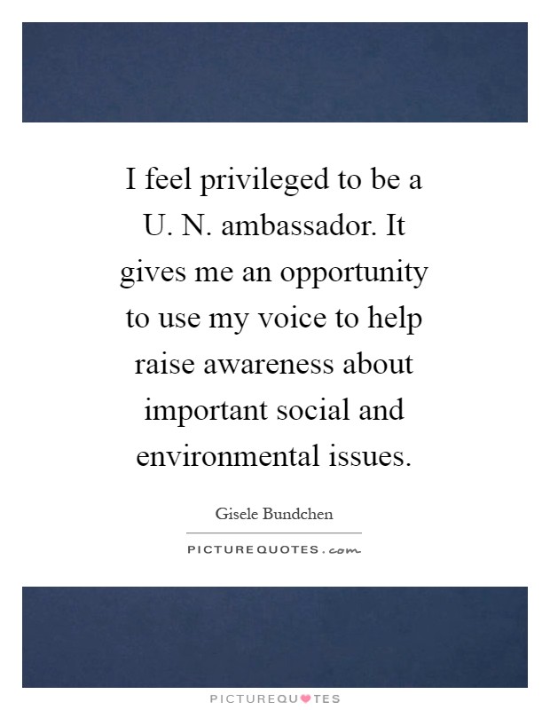 I feel privileged to be a U. N. ambassador. It gives me an opportunity to use my voice to help raise awareness about important social and environmental issues Picture Quote #1